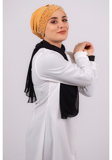 Gold Pratik Hazır Geçmeli Tesettür Bone Sandy Kumaş Taşlı 1456_03 Altın