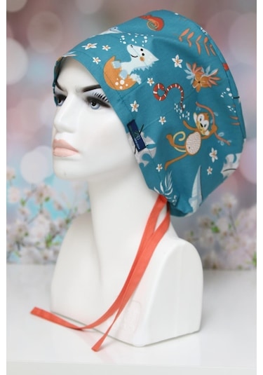 Tesettür Maymunlu Orman Desenli Cerrahi Bone Doktor Hemşire Sağlıkçı Bonesi Geniş Kesim