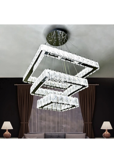 Kare 3 Kat Kristal Taşlı Modern Led Avize Salon & Oturma Odası Renkli
