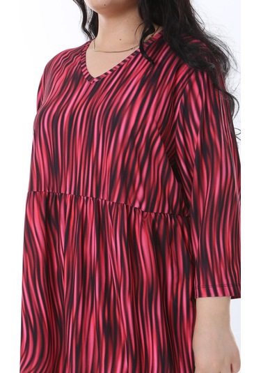 Kadın Büyük Beden Renkli V Yakalı Belden Büzgülü Kapri Kol Elbise 65n38200-renkli Çok Renkli