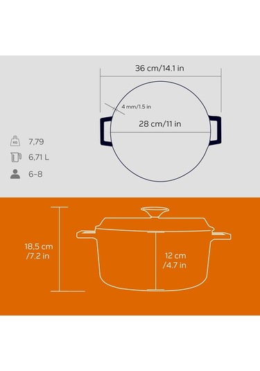 Lava Döküm Yuvarlak Tencere, Trendy, 28 Cm, 6.71 L Hacim, Turuncu Genel