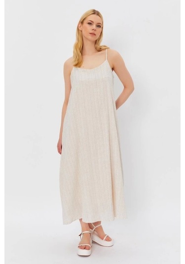 Askılı Uzun Çan Elbise - Natür Natür
