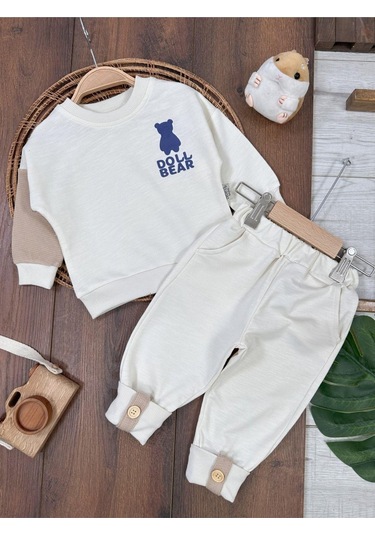 Ayıcık Baskılı Bisiklet Yaka Düğme Detaylı 2'li Bebek Takım Beyaz