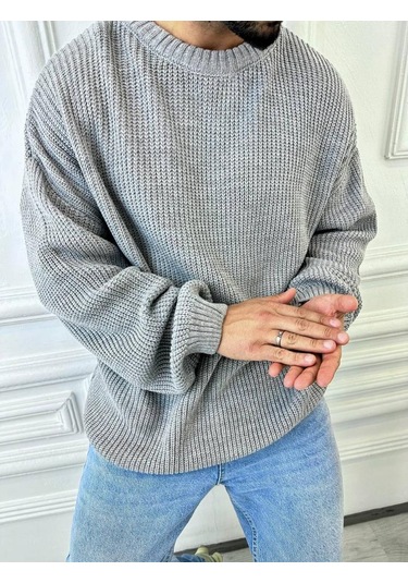 Kazak Oversize Çift Kat Örme Naturel Pamuk Bol Kesim Tüylenmeyen Salaş Triko Kazak Gri