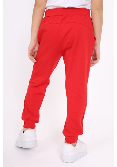 Kız Çocuk Baskılı Beli Paçası Ribanalı Cepli Basic Jogger Eşofman Altı 2 İplik Kırmızı
