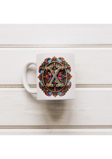 X Harfi Boho Bardak, Renkli Özel Tasarım Hediyelik Harfli Kupa, 330ml Porselen Beyaz