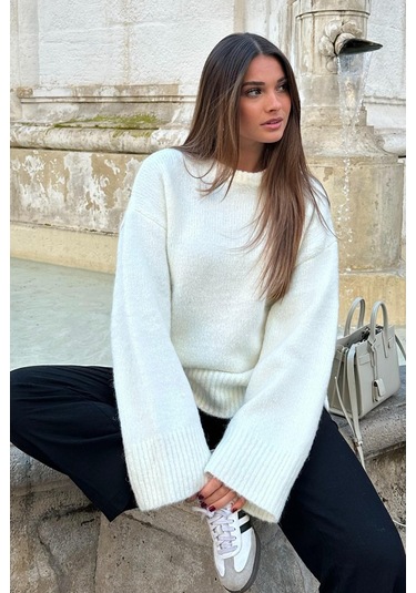 Beyaz Bisiklet Yaka Oversize Triko Kazak Mg1972 Beyaz