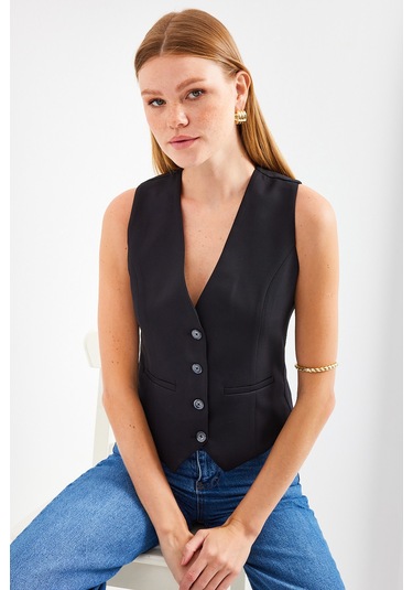 6796 Kısa Dokuma Yelek - Siyah