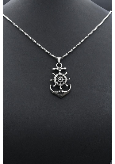 Çapa Dümen Figürlü Kolye Paslanmaz Çelik Zincir 902291 Gümüş