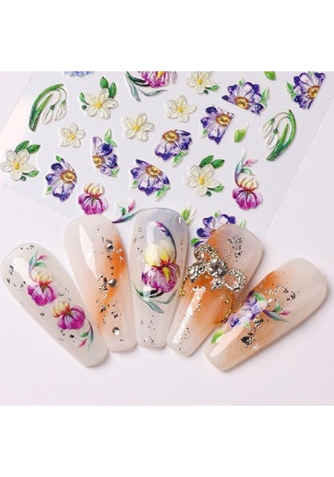 Mor Çiçek 5 D Manikür Dekorasyon Için Holigrafik Yaprak Su Çıkartmaları 5 D-k226