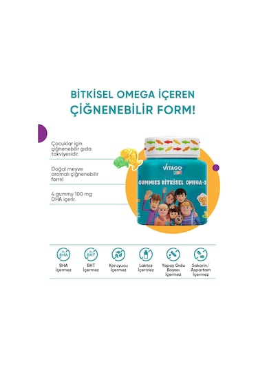 Vitago Kids Gummies Bitkisel Omega 3 Takviye Edici Gıda 60 Tablet