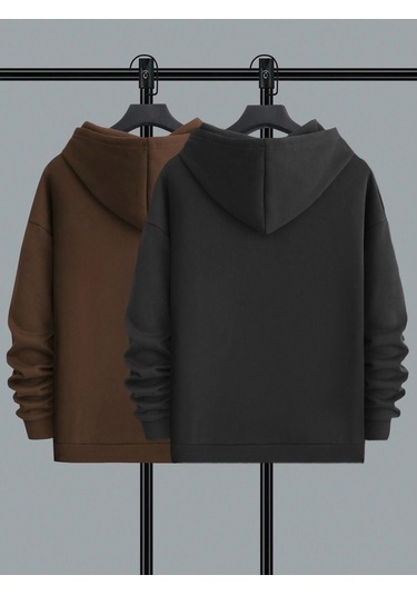 2'li Still Freedom Kalın Kışlık Sweatshirt - Siyah Kahverengi Baskılı Oversize Kapüşonlu Siyah Kahverengi