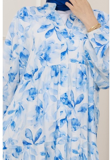 Kuşaklı Çiçekli Lina Elbise-mavi-5260 Mavi