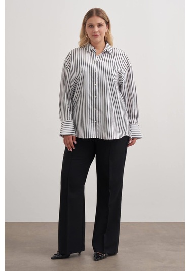 Parıltılı İplikli Çizgili Gömlek-3360 Beyaz