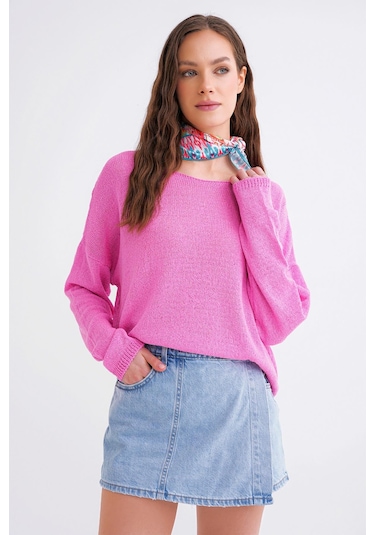 6933 Kadın Kayık Yaka İnce Mevsimlik Triko Kazak Pembe Pembe