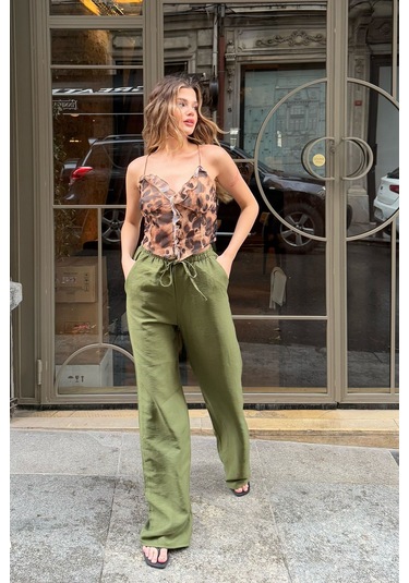 Pembe Keten Karışımlı Bol Kesim Pantolon Haki