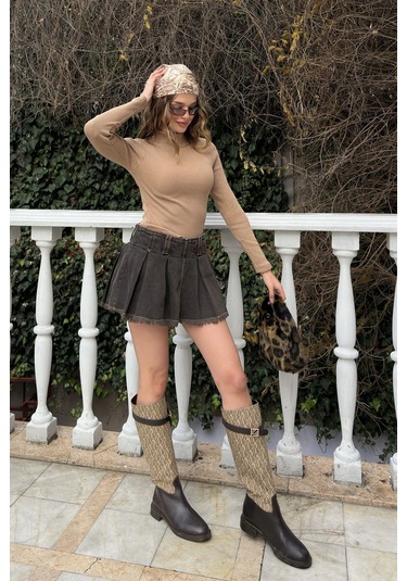 Saks Yarım Balıkçı Şardonlu Fitilli Bluz Sütlü Kahve