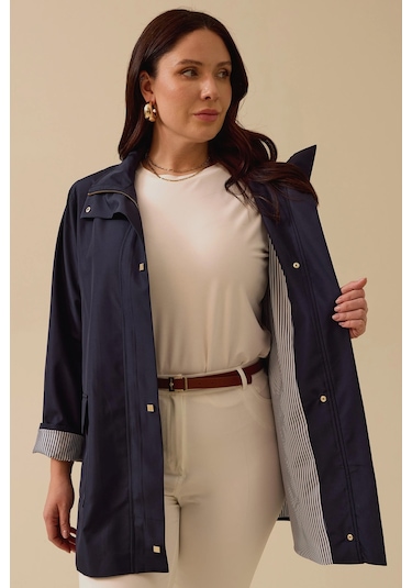 Kadın Büyük Beden Şerit Astarlı Cepli Trençkot - Lacivert Lacivert
