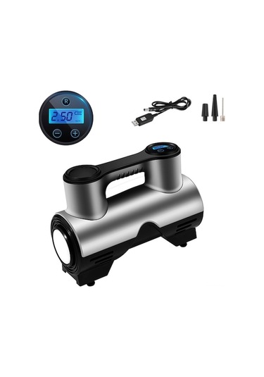 Araç Lastik Hisseli Şarjlı Şişirici - Usb, Led Işıklı, Otomatik Durdurma, 3 Uç, Ev/araç Kullanıma Uygun St-211 Gümüş-siyah