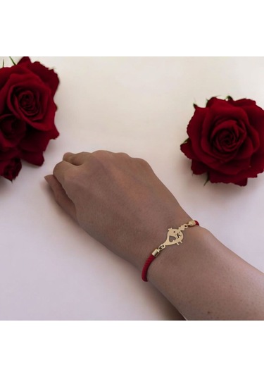 Archin K Harfine Özel 14 Ayar Altın Plakalı Minik Kuş Motifli Kırmızı Örgülü Hediye Bileklik-363harf K