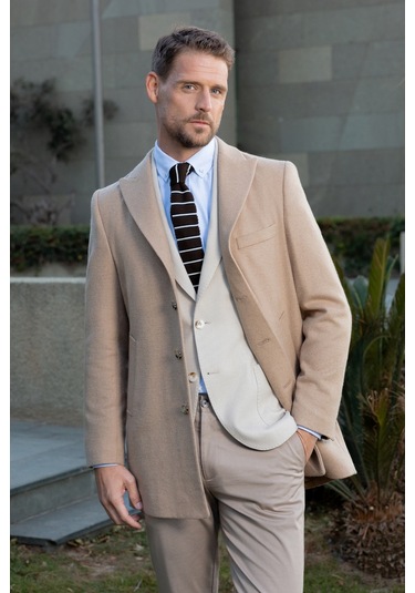 Erkek Bej Yünlü Dynamic Fit Sivri Yaka Kaban 25ks016004653 Bej Bej