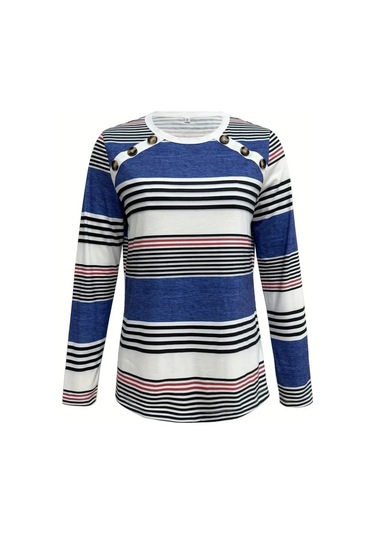 Nnstartshopping Kadın Uzun Kollu Bisiklet Yaka Düğme Detaylı Desenli Süprem Bluz Mavi