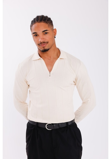 Monox Erkek Yarım Fermuarlı Polo Yaka Triko Kazak Bej