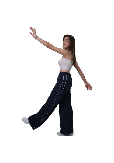 Kadın Modal Kumaş Kontrast Detaylı Lacivert Düz Kesim Pantolon Lacivert