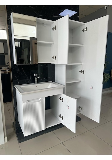 Noce Aynalı Cnc İşlemeli Membran Kapaklı Banyo Dolabı 65 CM Beyaz