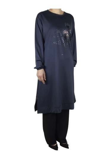 Kadın Önü Desenli Kristal İki İplik Büyük Beden Tunik Gri