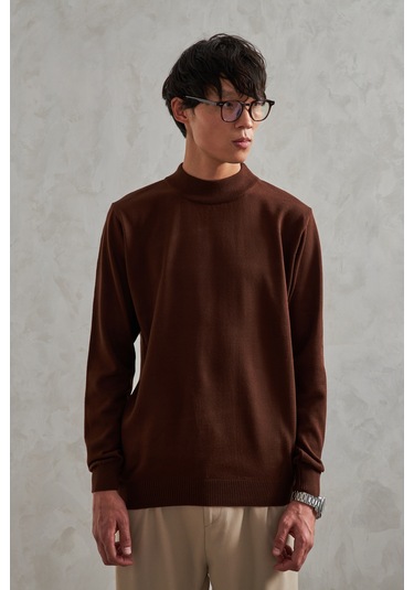 Erkek Yarım Balıkçı Oversize Basıc Triko Kazak Kahverengi