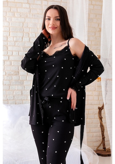 Sabahlıklı Dantel Detaylı Pegasus Kadın Pijama Takımı-çeyizlik Takım- Geniş Beden Aralığı Siyah