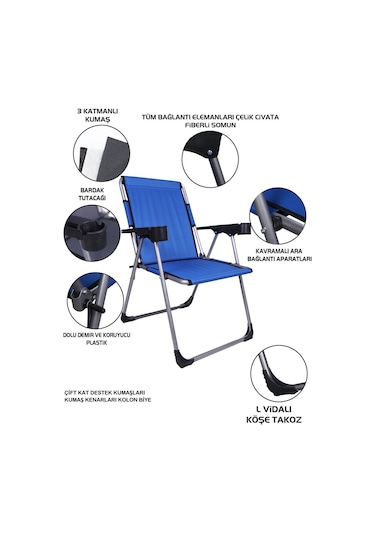 Alin Metal 3''lü Lüks Bardaklı Kamp Sandalyesi Ve Masa Set Mavi Mavi