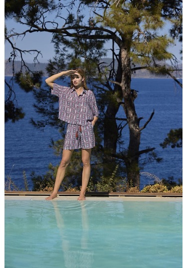 Monamise Kadın Etnik Desenli Önü Düğmeli Gömlek Yaka Alt Üst Takım 25022 Kiremit