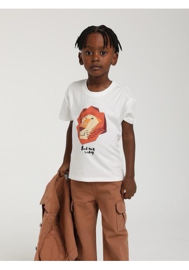 Escabel Erkek Çocuk Aslan Baskılı Pamuklu T-shirt-15598 Ekru