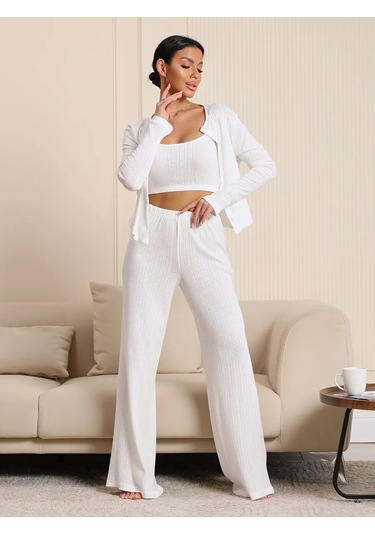 Sevılle Yılbaşı Üçlü Pijama Seti Evde Giymek İçin Büyük Bedenli Pantolonlu 446797801 Beyaz