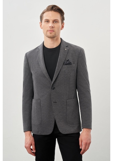 Siyah Kazayağı Desen Örme Mono Yaka 2 Düğme 6 Drop Slim Fit Classic Ceket 1002245166 001 Siyah