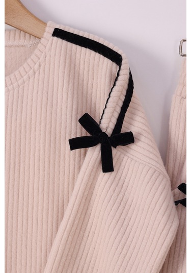 Monox Kız Çocuk Kurdale Detaylı Fitilli Polar Takım Bej