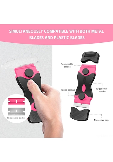 Moveevo 3'lü Temizlik Scraper Seti: 30 Plastik + 30 Metal Bıçaklı, Aluminyum Gövde, Kaydırmaz Kolu, Çift Taraflı Kullanim, Ev Temizliği İçin Pembe Diğer