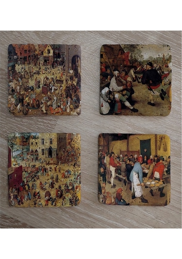 Pieter Brueghel Çocuk Oyunları Ve Eserleri Doğal Taş Bardak Altlığı 4'lü Set - Natural Stone Coasters - Taş Çok Renkli