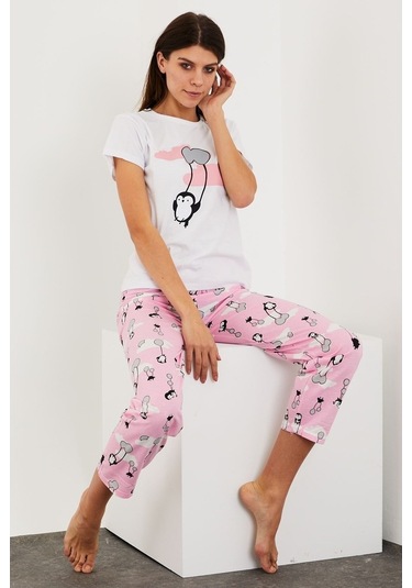 Gimer - Baskılı Kısa Kol Pijama Takım - Ece4202G Beyaz