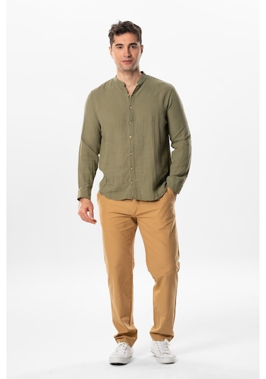 Uzun Kol Hakim Yaka Erkek Müslin Yazlık Gömlek Haki Hk-haki Haki