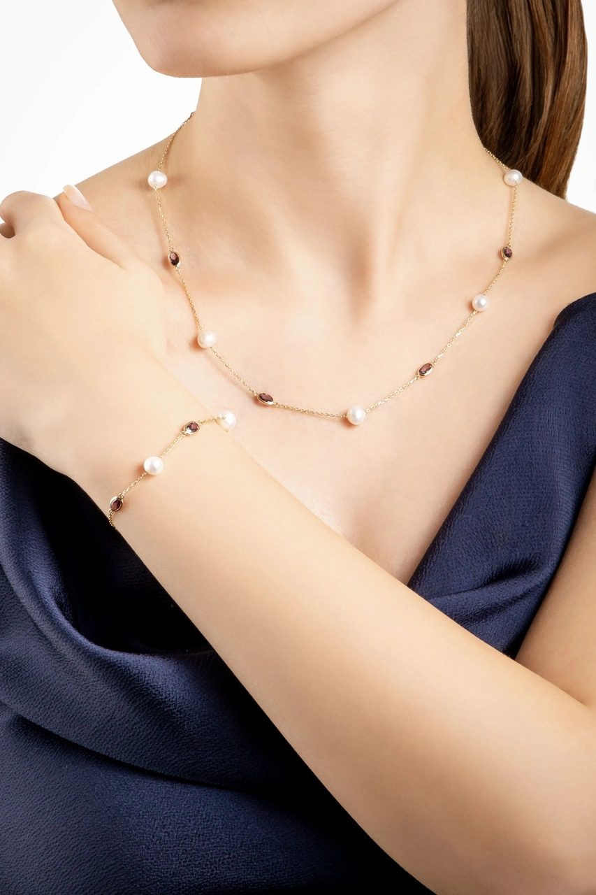 Doğal İnci Işıltısı 14 Ayar 45 Cm Sarı Altın Kolye Mor