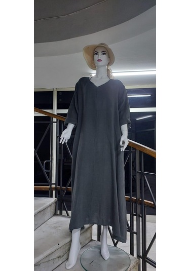 İtalyan V Yaka Uzun Kol Keten Elbise-8907 Gri