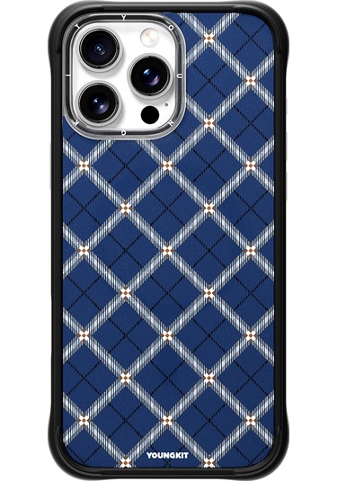 İphone 16 Pro Uyumlu Kılıf M-safe Şarj Özellikli Youngkit Argyle Serisi Kapak Mavi