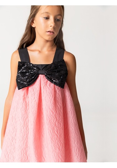 Sheshe Payet Fiyonk Detaylı Pembe Jakar Kız Çocuk Elbise Renkli