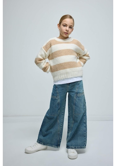 DeFacto Kız Çocuk Çizgili Bisiklet Yaka Triko Kazak A6009A824WNBG387 Bej