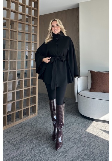 Siyah Düğmeli Kuşaklı Kaşe Panço - 2055 Siyah