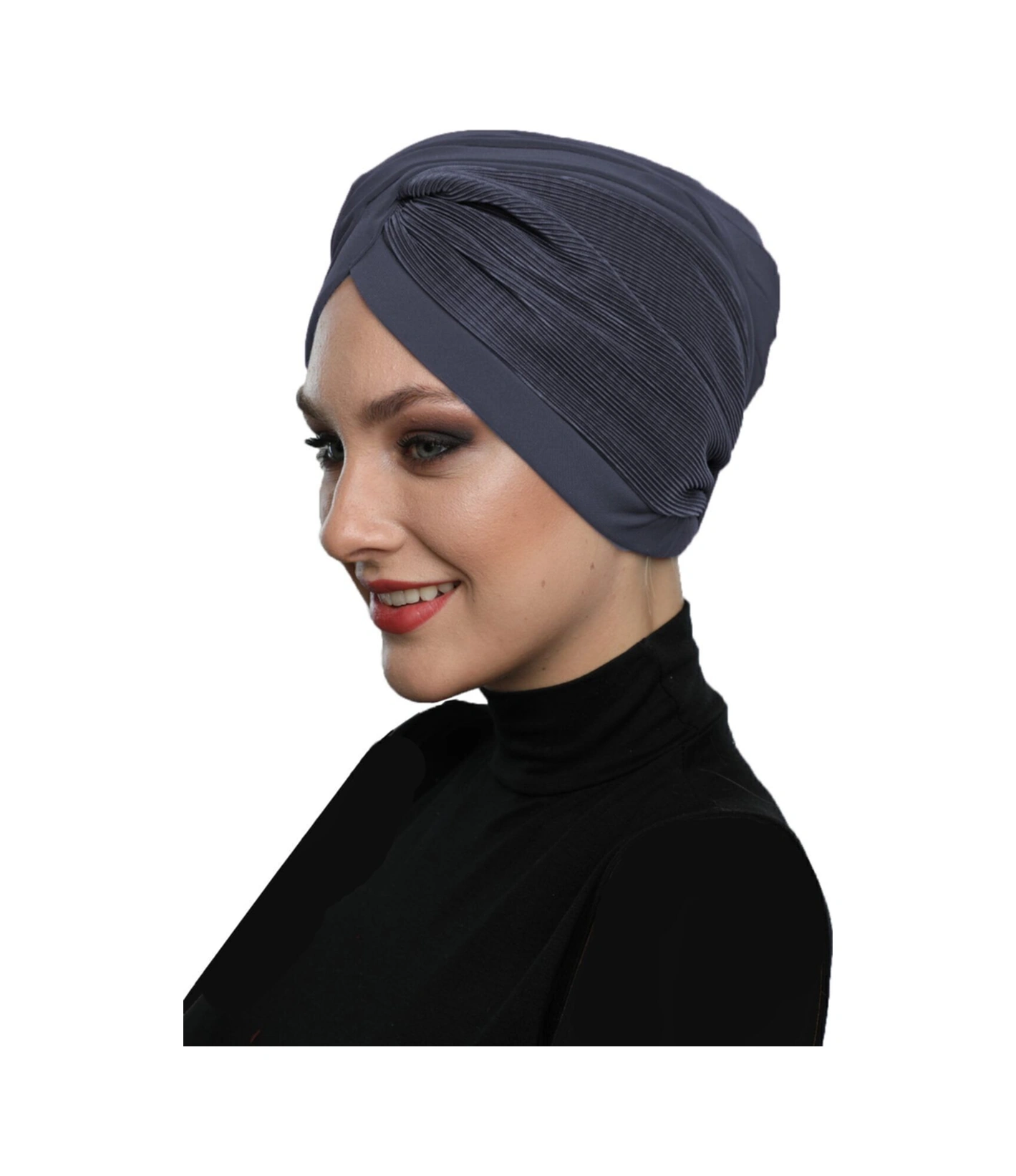 Çapraz Plise Koyu Gri Hazır Türban Tesettür Havuz Bonesi Koyu Gri