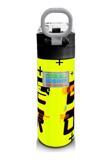 Coral High Kids Siyah Neon Sarı Game Over Desenli Pipetli Ve Direkt İçim Çelik Termos 500 Ml 31936 Neon